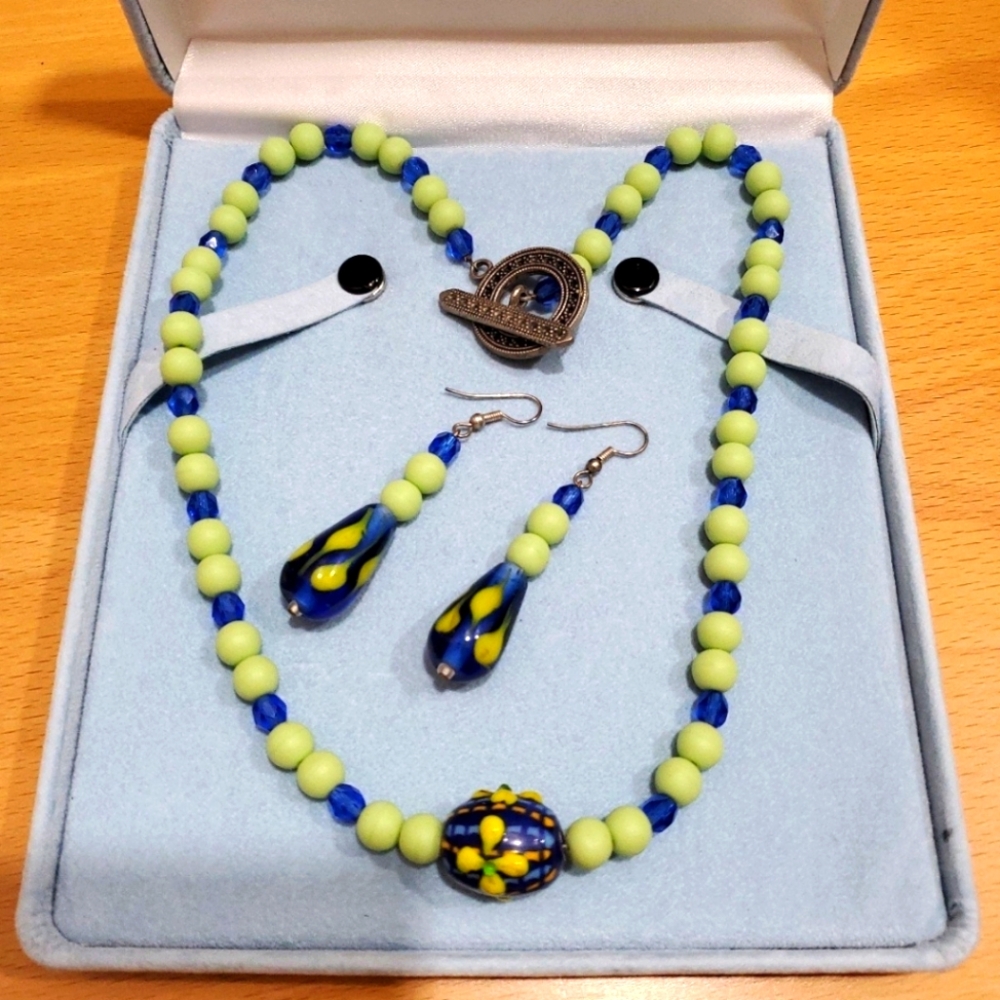 Blue Green and Yellow Glass Beaded Jewelry Set Necklace & Earrings
